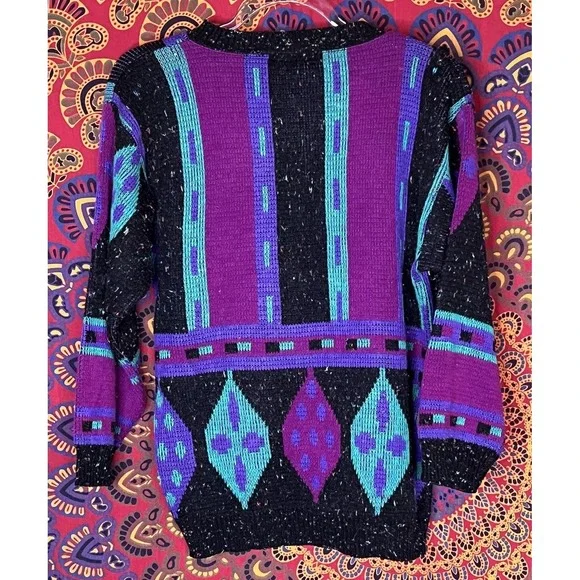 Vintage GAS Sweater 1989 Retro Wool Black Purple Medium PTP 22in‎ Length 25in - Picture 2 of 3